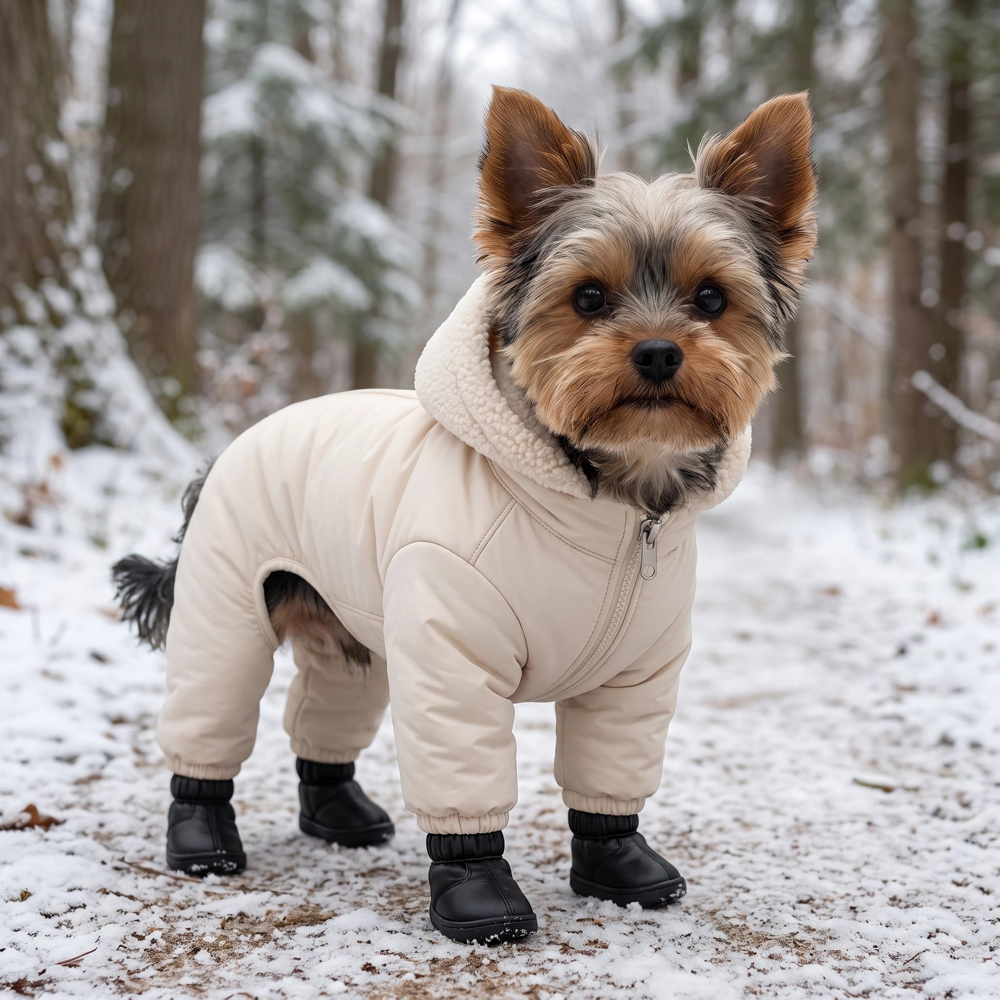 Yorkie wearing the cream TundraPaws winter suit on a snowy woodland path