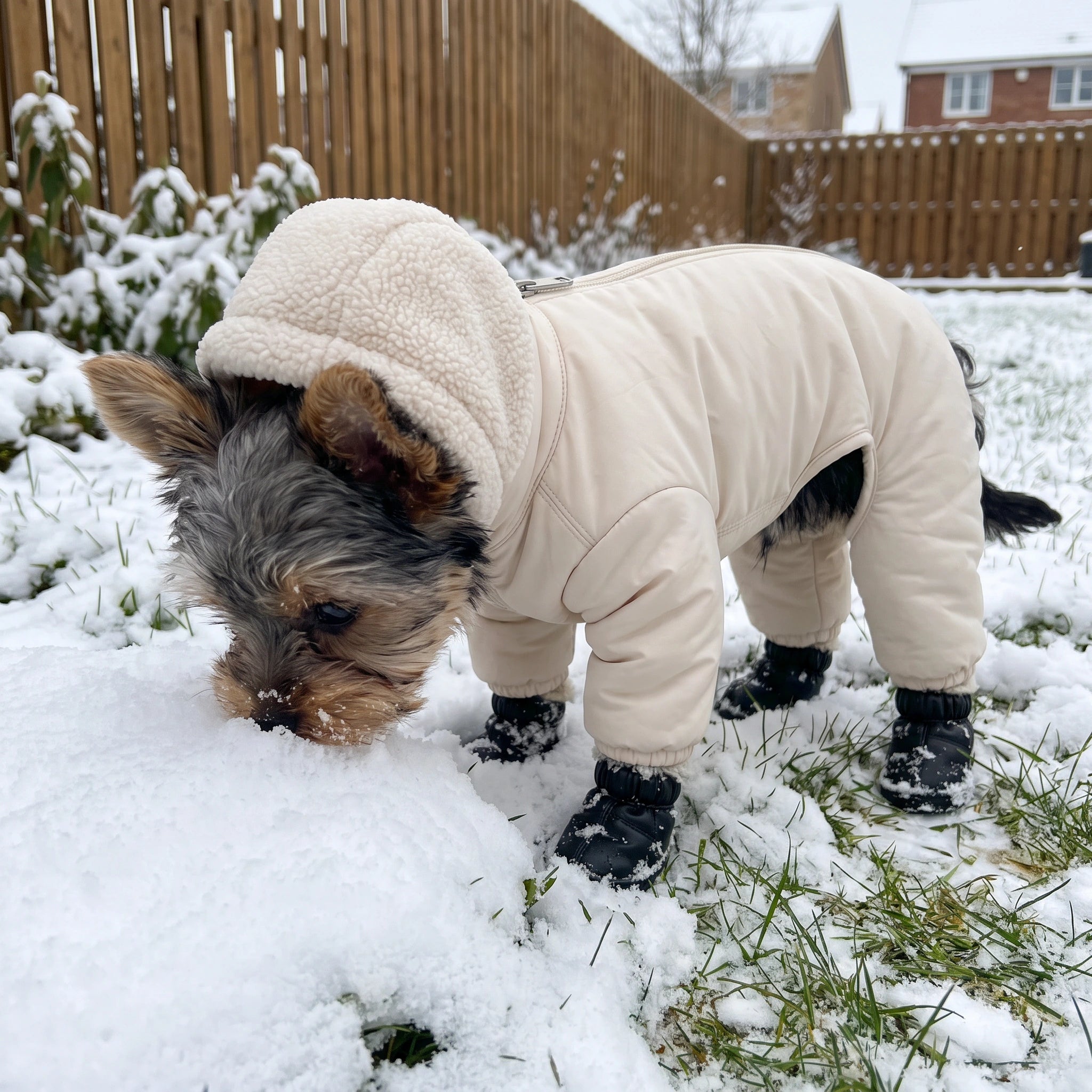 Yorkie exploring a snowy garden in the cream TundraPaws suit