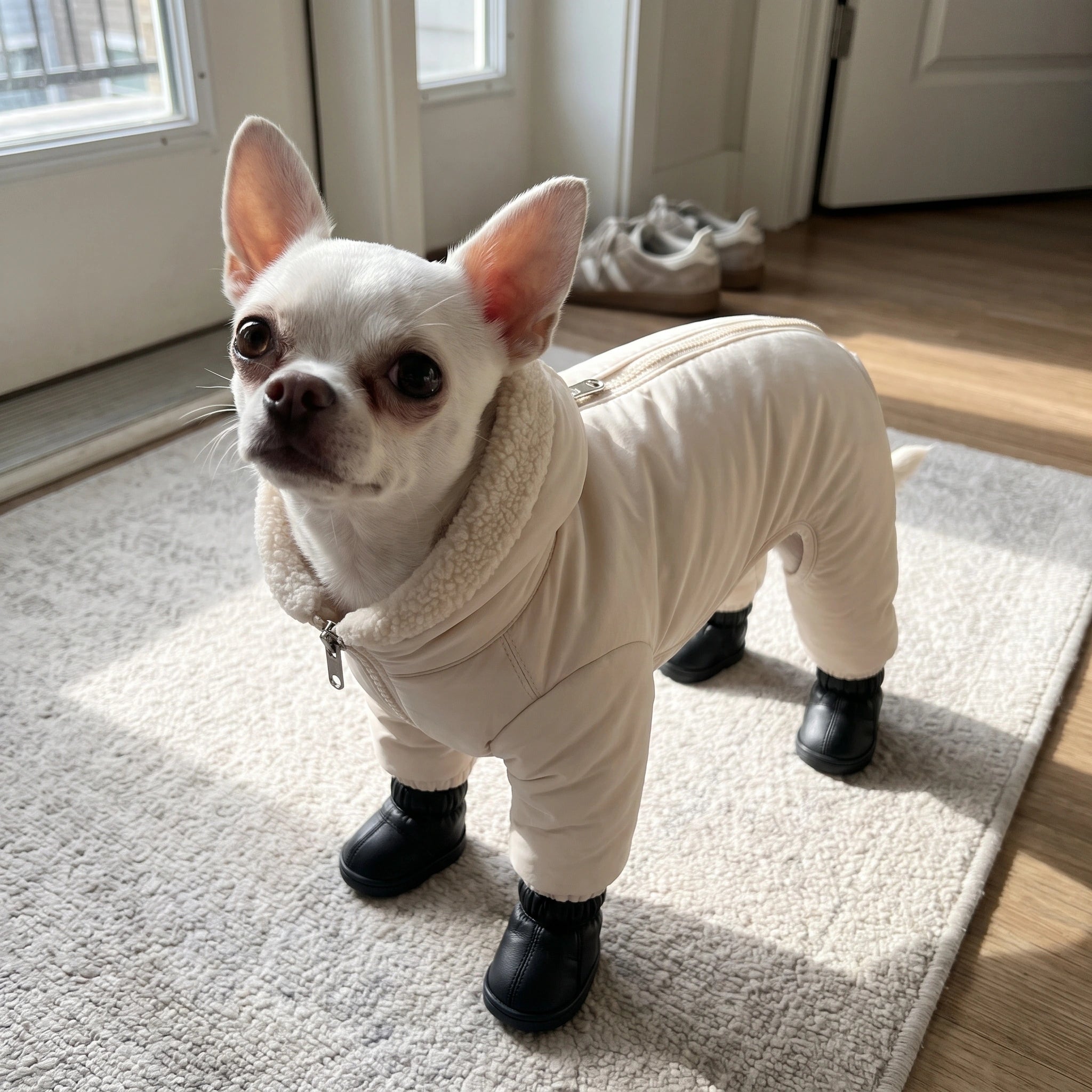 Chihuahua wearing TundraPaws in a sunny apartment entryway