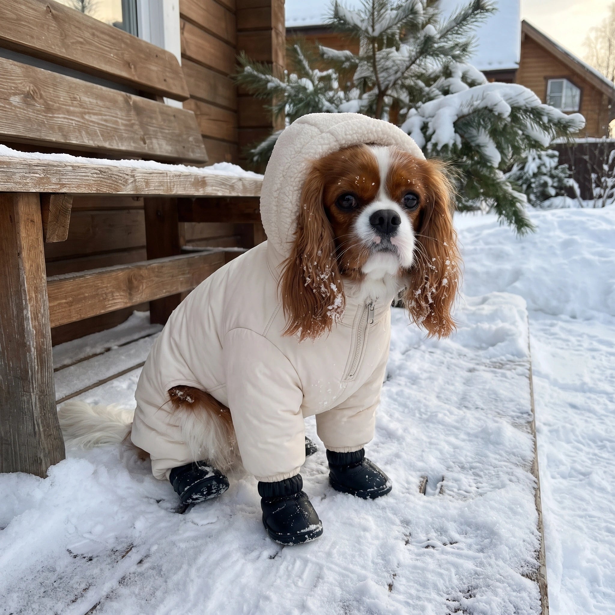Cavalier wearing TundraPaws beside a bench on a snowy porch