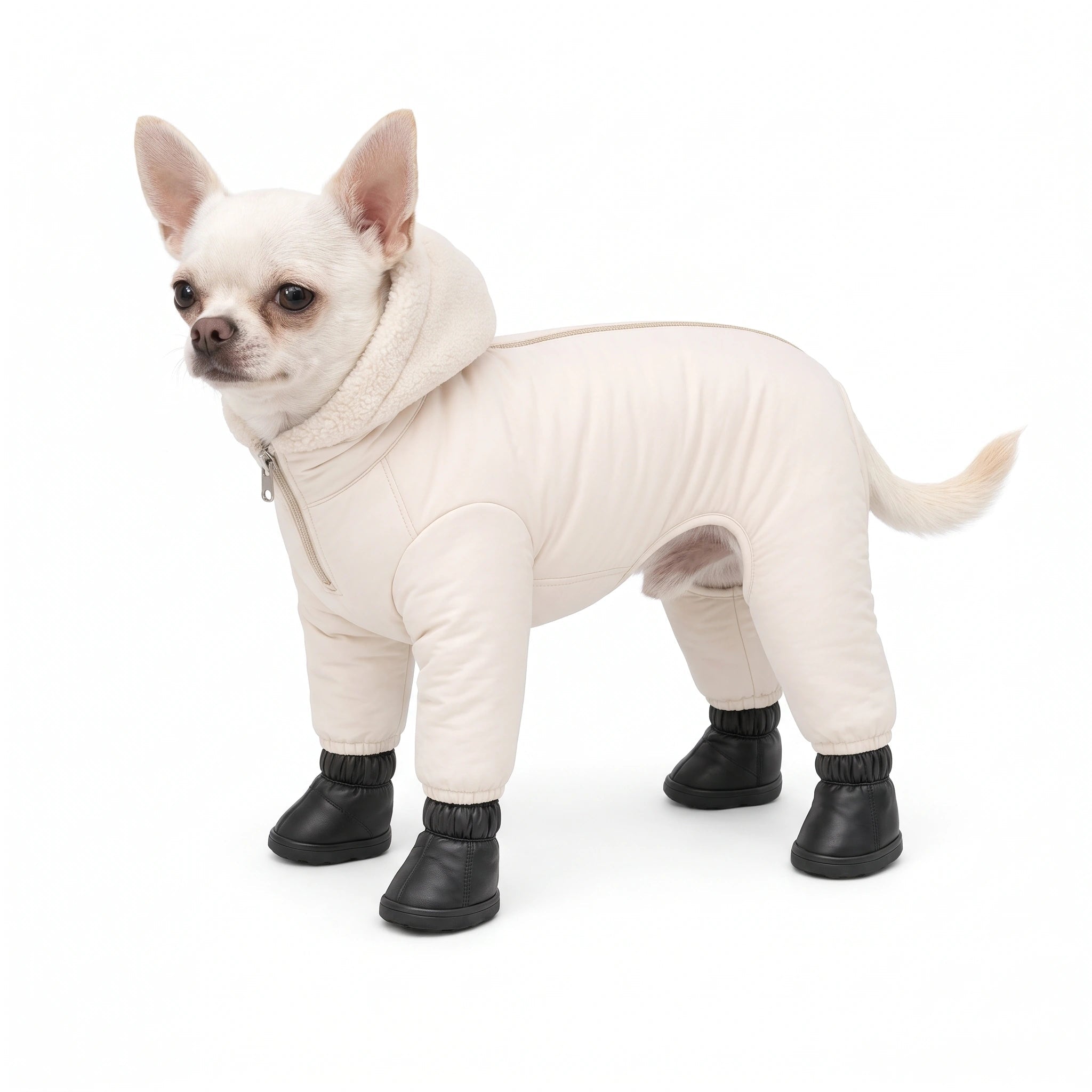 Chihuahua in the cream TundraPaws suit and black boots