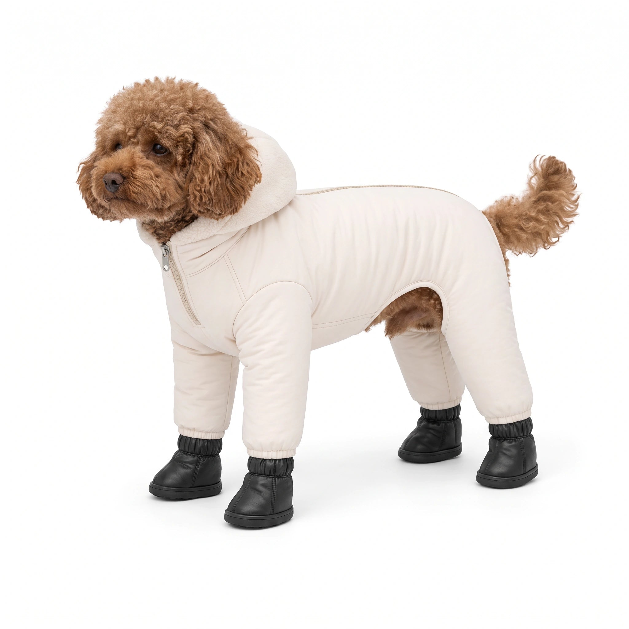 Toy Poodle in the cream TundraPaws suit and black boots