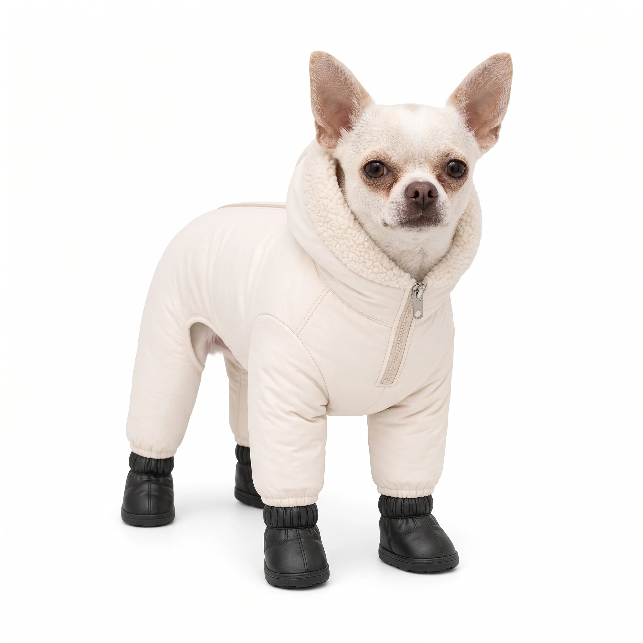 Chihuahua wearing the cream TundraPaws suit and black boots in a white studio