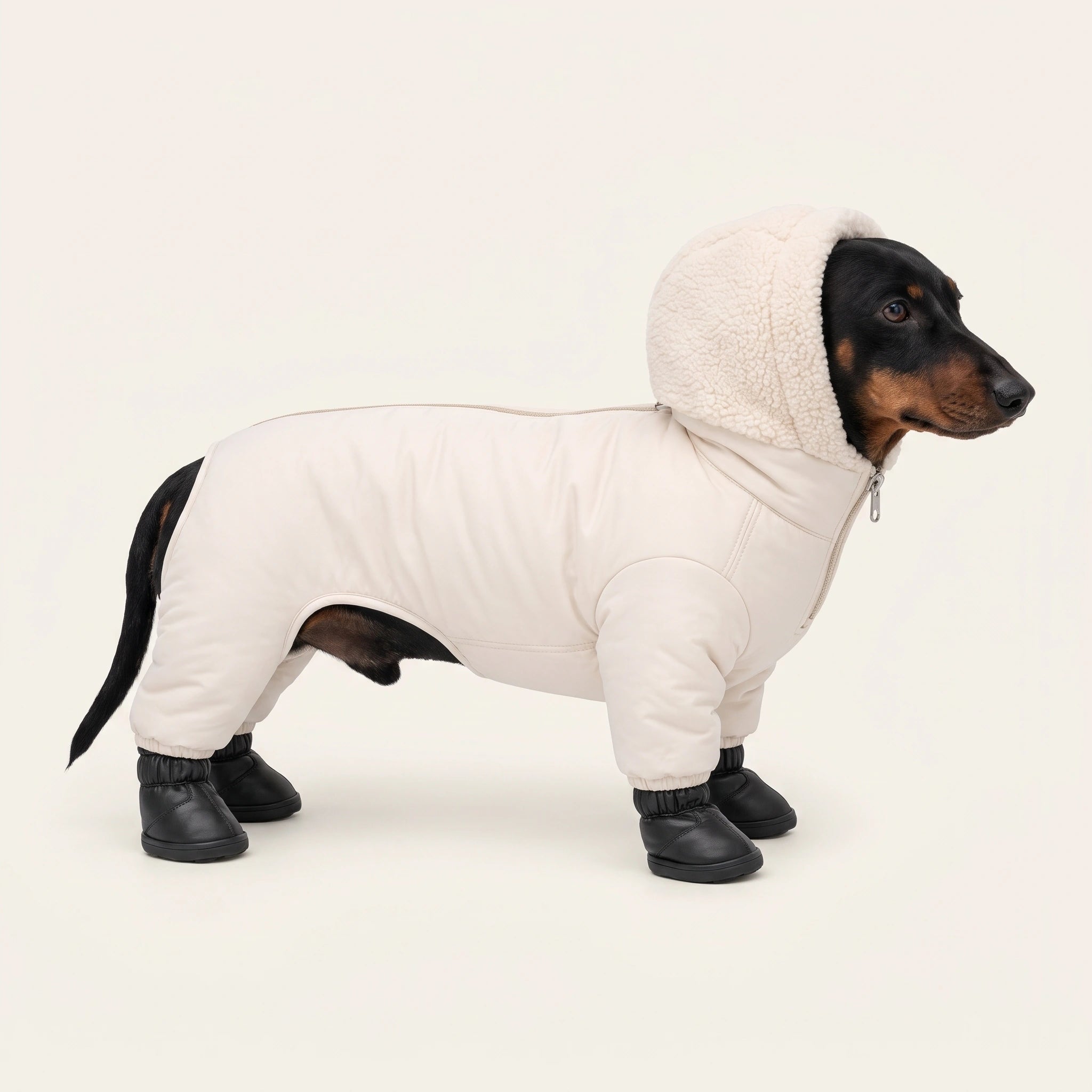 Side view of a Dachshund wearing the cream suit and attached black boots