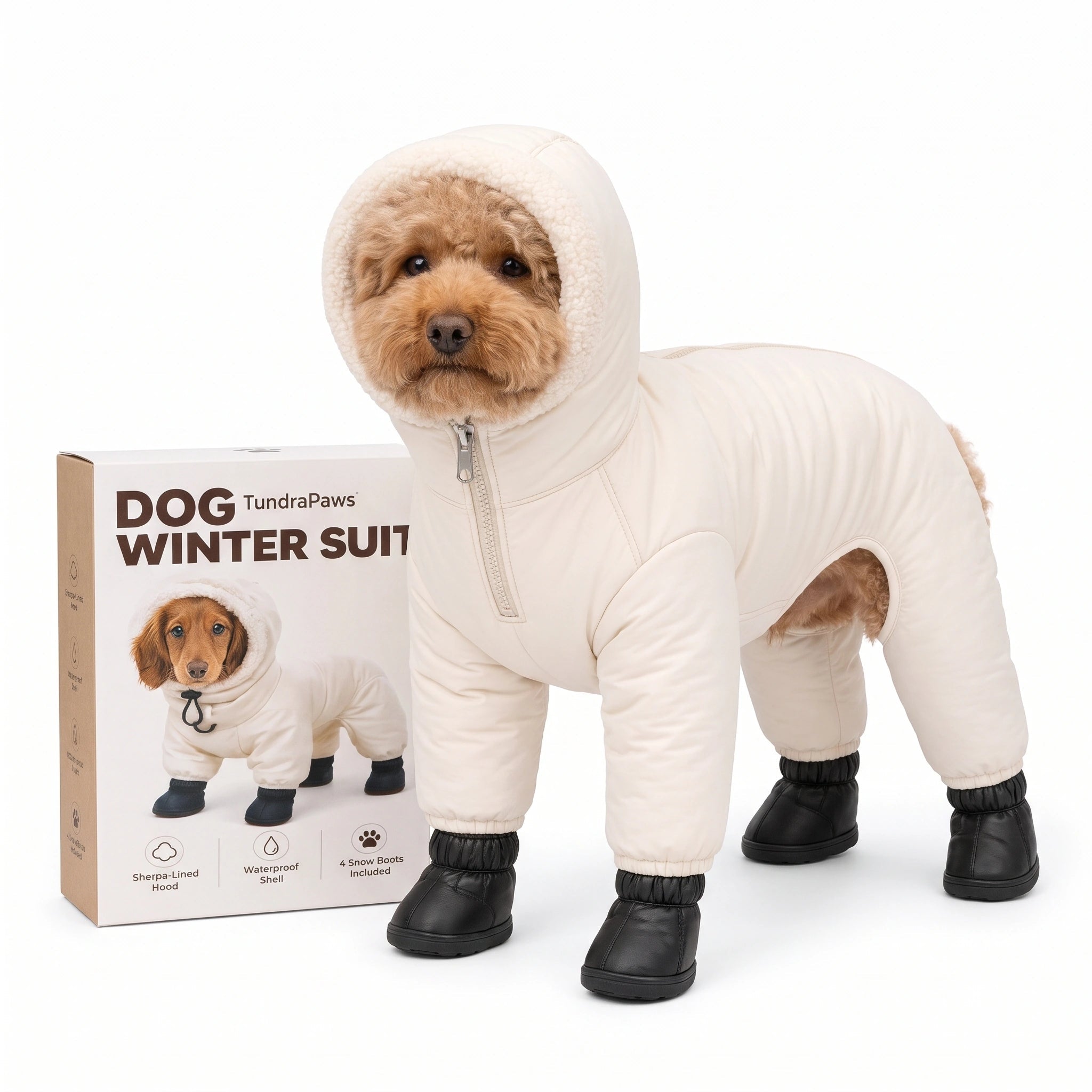 Toy Poodle wearing TundraPaws beside the Dog Winter Suit box