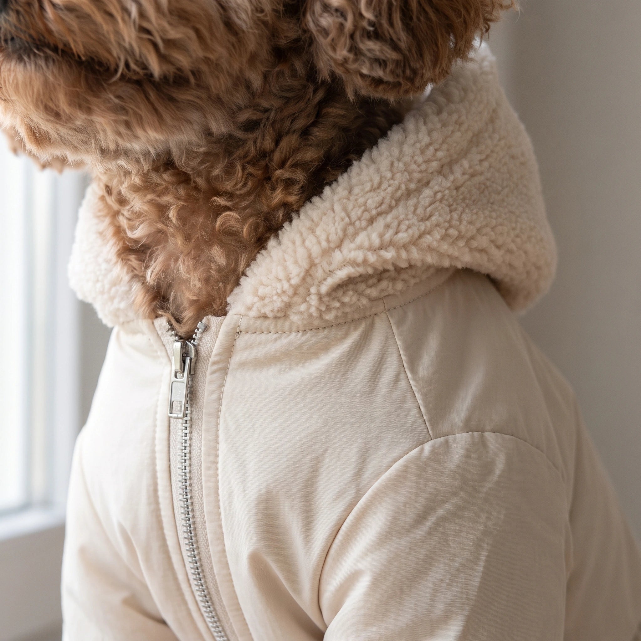 Detail of the cream sherpa hood and silver zipper