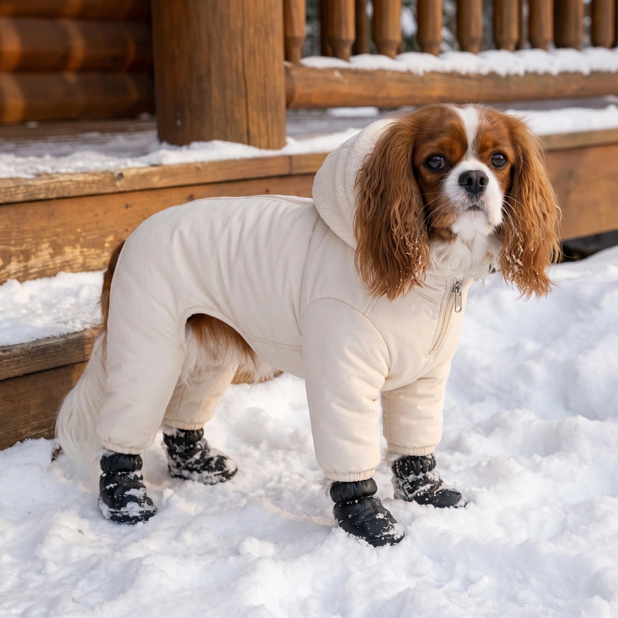 Cavalier wearing TundraPaws on a snowy porch
