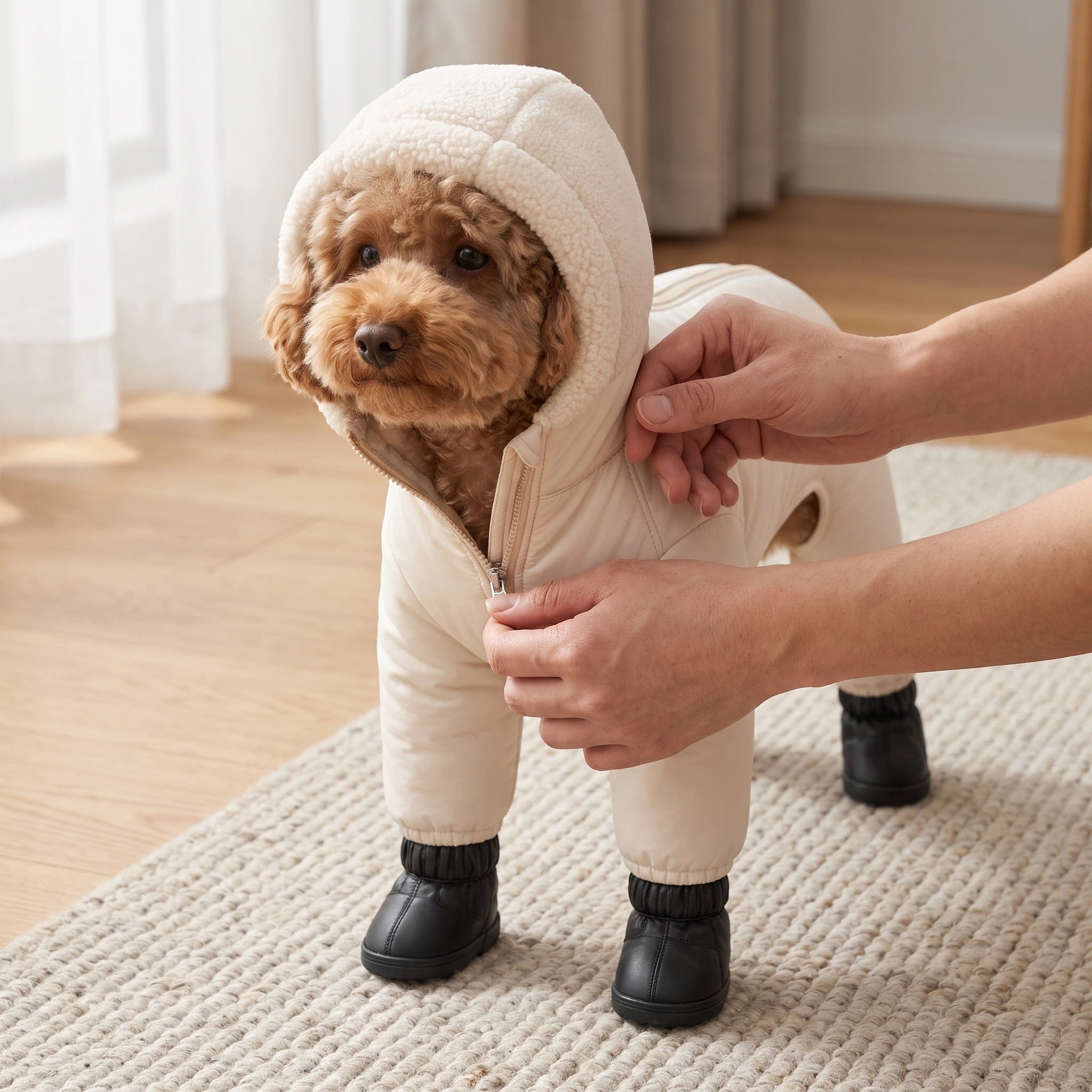 Hands gently closing the TundraPaws zipper on a Toy Poodle