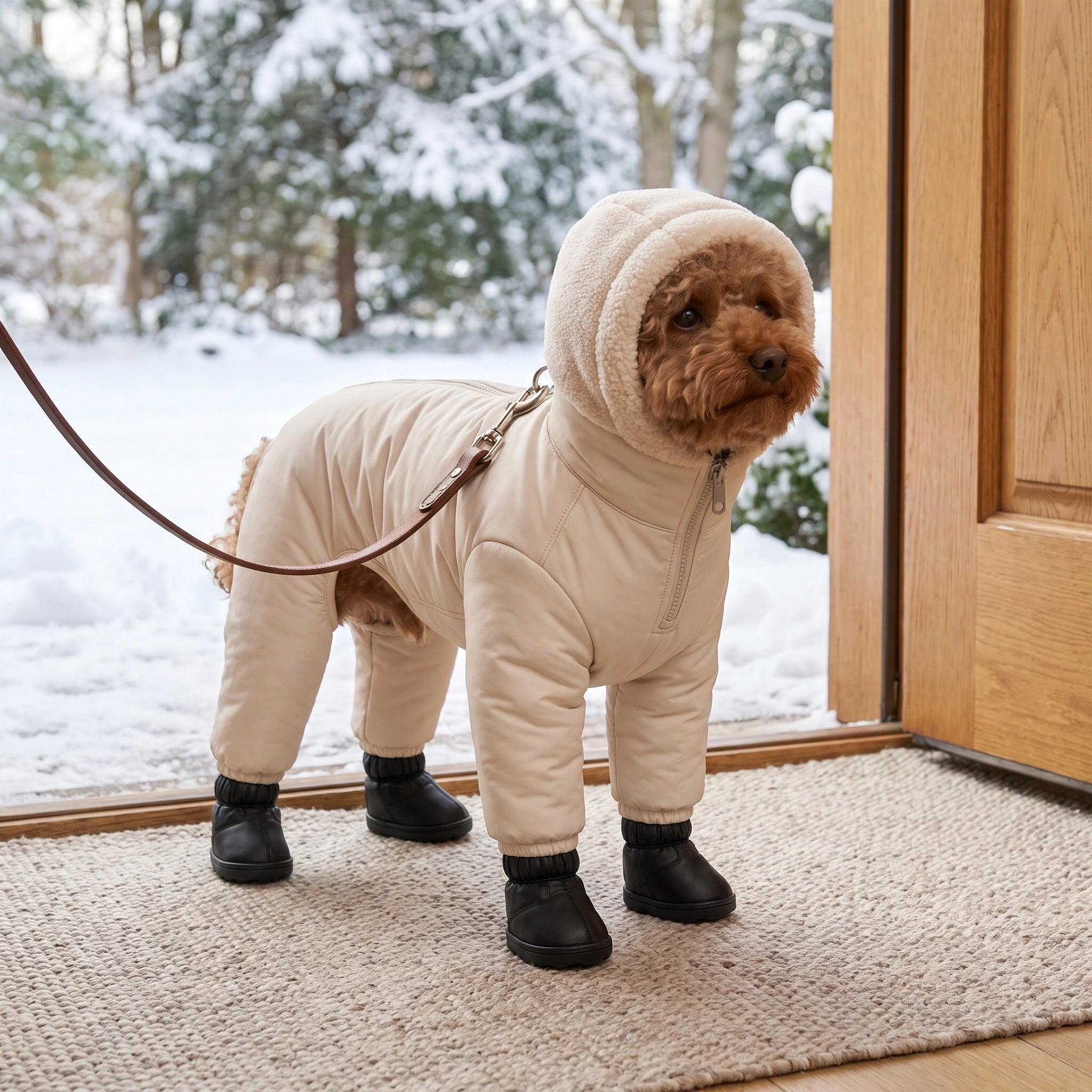 Toy Poodle dressed in TundraPaws at the doorway, ready for a walk
