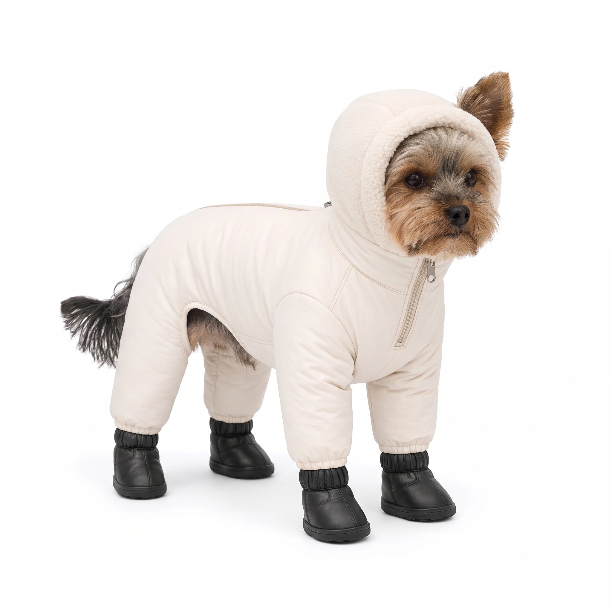 Yorkshire Terrier in the cream TundraPaws suit and black boots