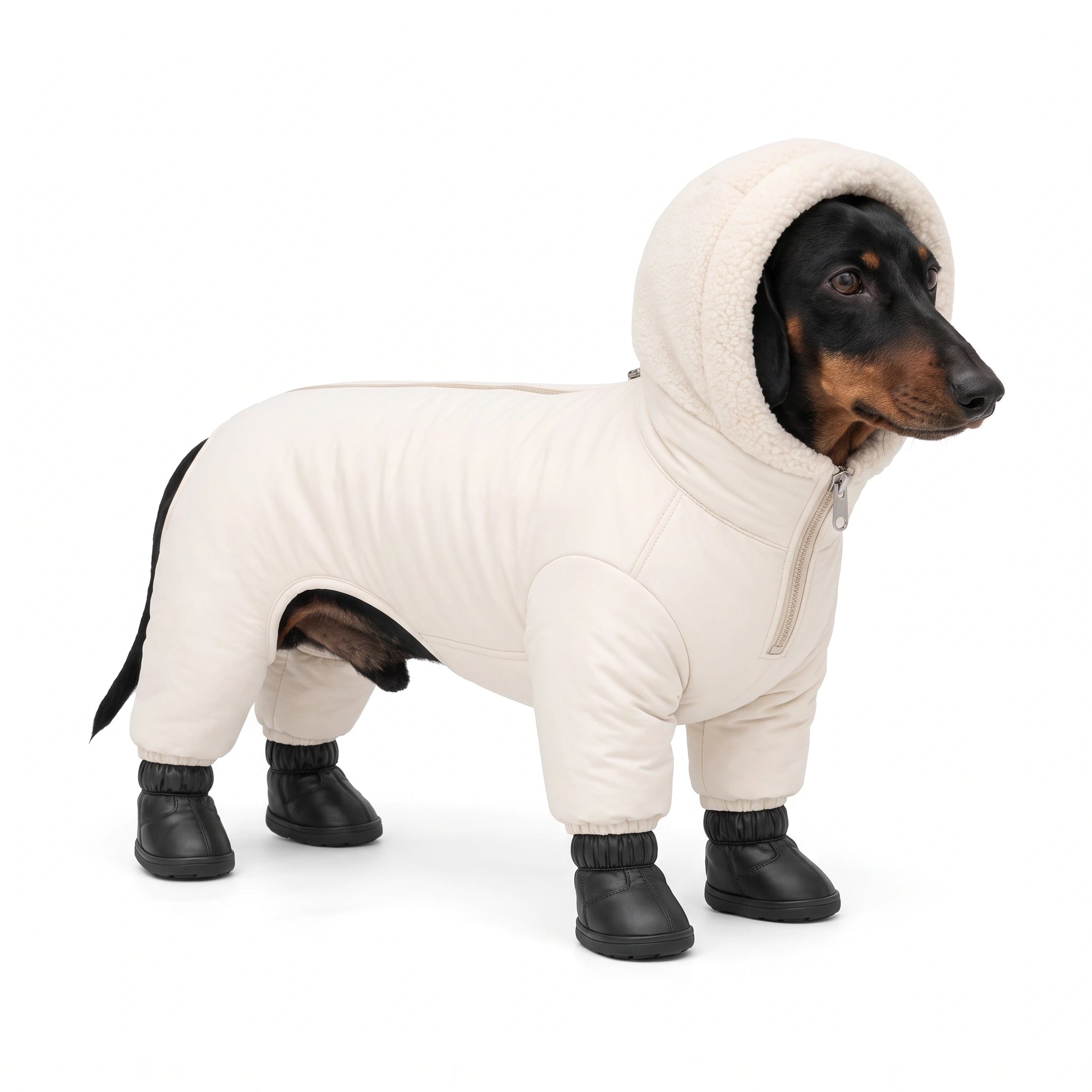 Dachshund in the cream TundraPaws suit and black boots
